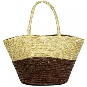 Straw Tote – 12 PCS Woven Wheat Straw Tote - 2 Tones - Brown - BG-R11053BN 